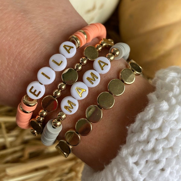 Heishi Disc Bracelets | Custom Name Beaded Bracelets | Gold Accent Heishi Bracelets | Women’s Stacking Bracelet