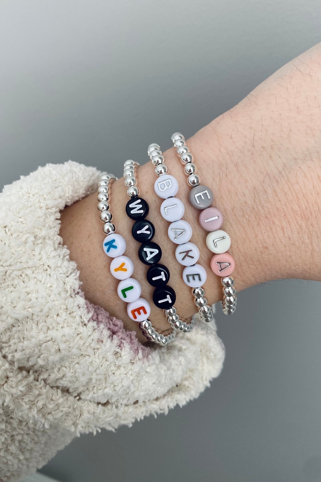 4mm Silver Plated Personalized Beaded Name Bracelet Custom Silver