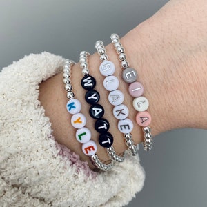 4mm Silver Plated Personalized Beaded Name Bracelet | Custom Silver Beaded Name Bracelet | Silver Beaded Stretch Bracelet | Name Bracelet