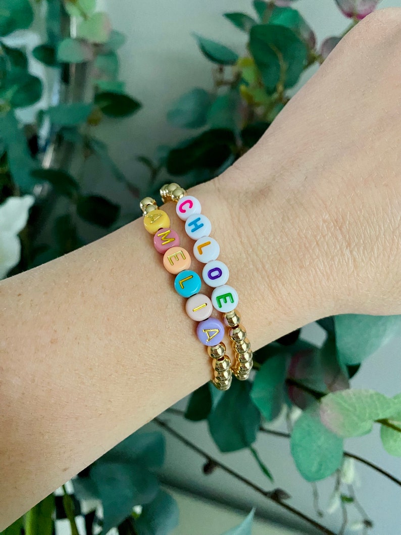 14k Gold Plated Beaded Name Bracelet | Personalized 5mm Stretch ...