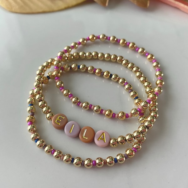 4mm 14k Gold Plated Beaded Stretch Bracelet | Custom Gold Beaded Name Bracelet | Gold Beaded Name Bracelet | Name Bracelet