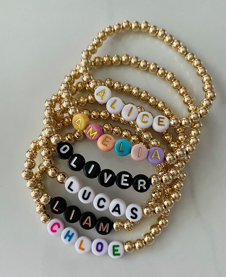 14k Gold Plated Beaded Name Bracelet | Personalized 5mm Stretch ...