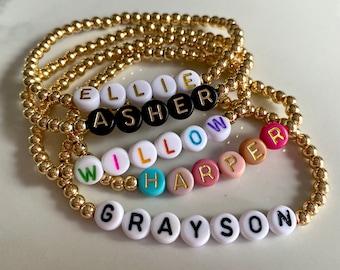 4mm 14k Gold Plated Beaded Name Bracelet | Custom Name Bracelet | Personalized Beaded Jewelry | Gold Beaded Stack Bracelet