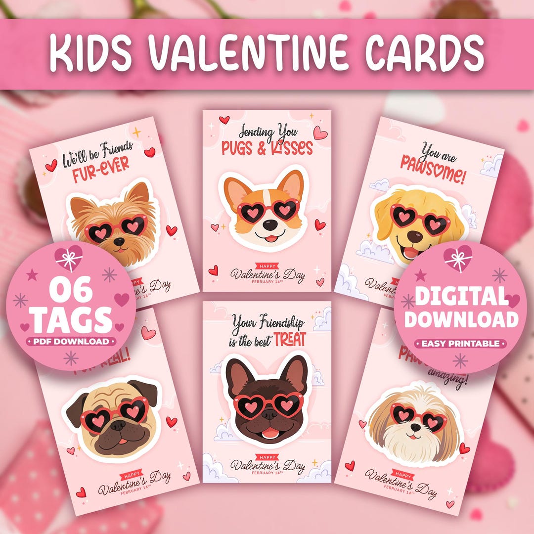 Printable Dog Valentine Cards, Classroom Valentines Day Cards, Kids ...