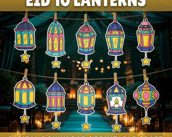 Zestaw 10 drukowanych banerów z lampionami Eid, rękodzieło z lampionami Eid, rękodzieło z okazji Ramadanu, baner Eid Mubarak, drukowalne lampiony Ramadanu, dekoracje Eid