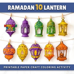 Manualidad de linterna de Ramadán imprimible para niños / Plantilla de linterna de papel 3D DIY / Actividad de Ramadán islámico (PDF), Eid Mubarak, Actividad para colorear (PDF)