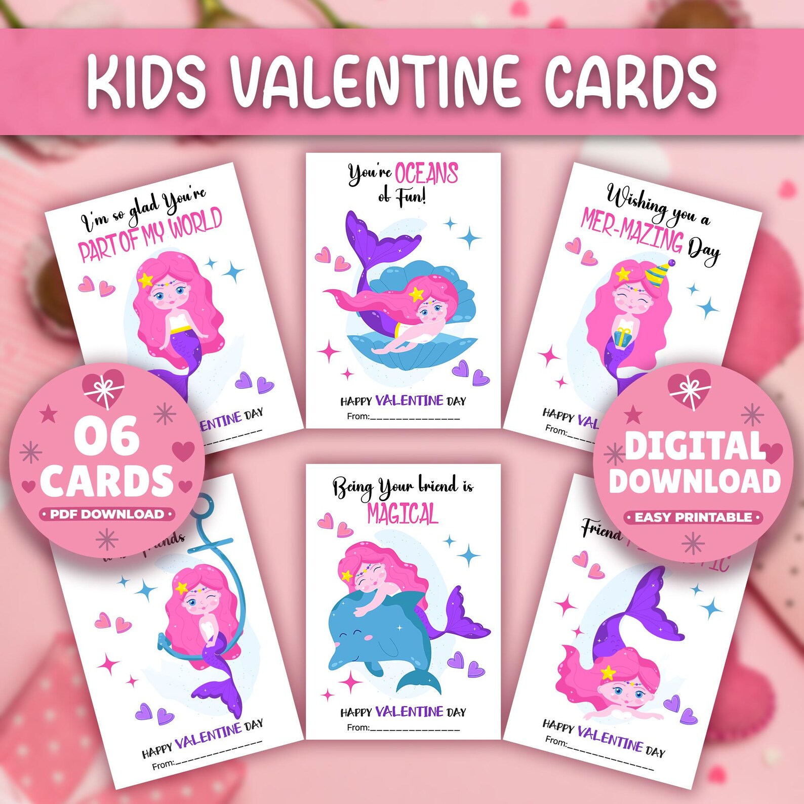 Printable Mermaid Valentine Cards, Classroom Valentines Day Cards, Kids ...