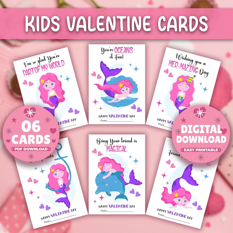 Printable Mermaid Valentine Cards, Classroom Valentines Day Cards, Kids ...