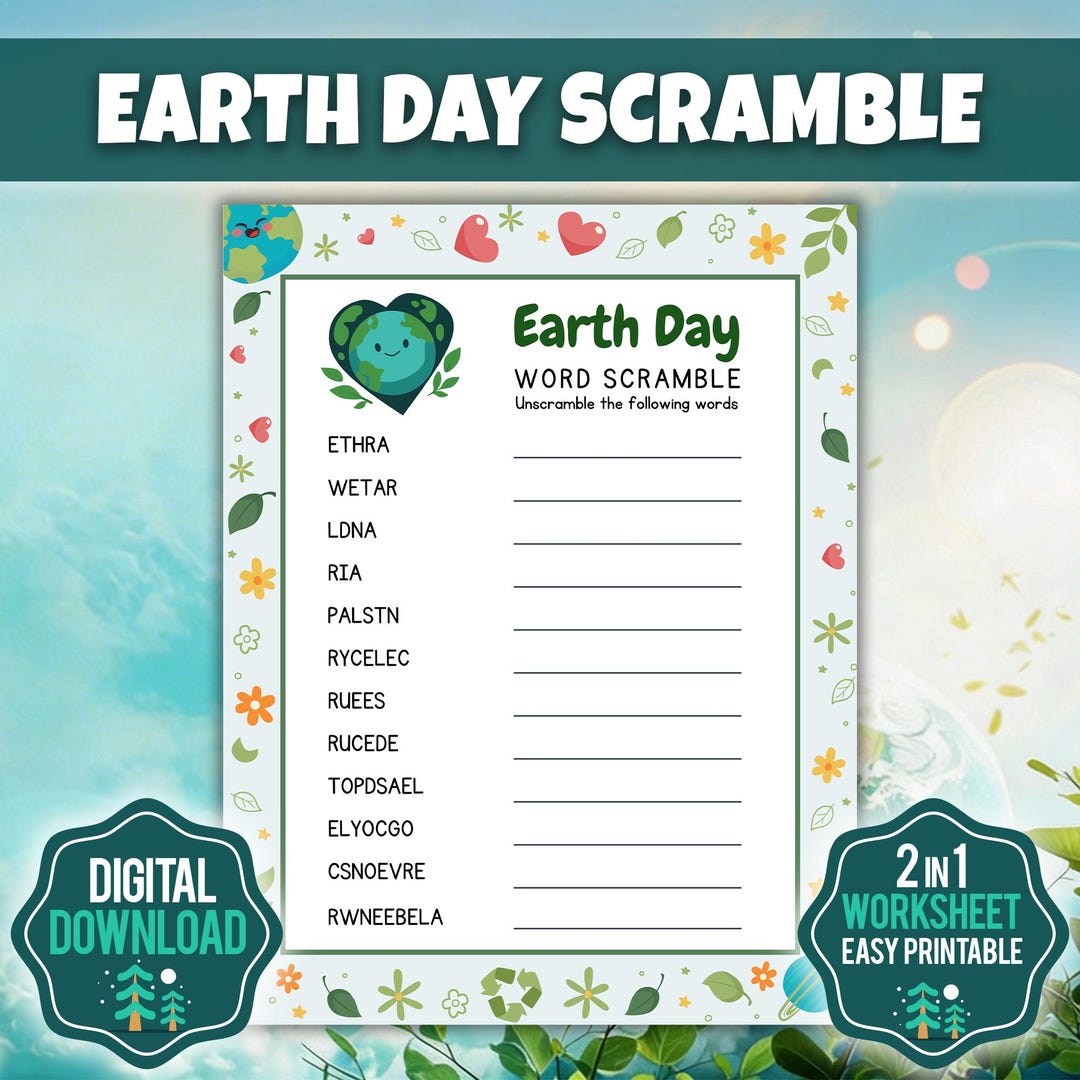 Earth Day Scramble Worksheet, Earth Day Word Game for Kids, Fun Earth ...