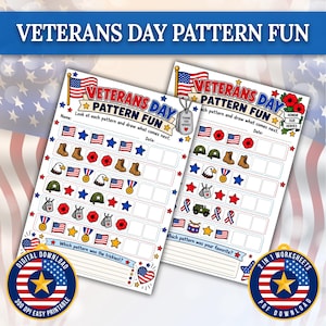 Può includere: Due fogli di lavoro per il Veterans Day con file di icone patriottiche come bandiere americane, papaveri, stivali militari, medaglie e piastrine di riconoscimento. Le pagine includono il testo VETERANS DAY PATTERN FUN e caselle vuote da completare.
