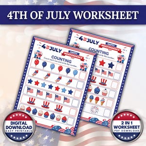 May include: Two 4th of July counting worksheets featuring red, white, and blue patriotic graphics including balloons, fireworks, stars, flags, top hats, cupcakes, and ice cream cones. Each row has a blank box for writing the counted number.