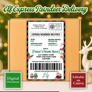 May include: A festive Christmas-themed image featuring a cardboard box with an "Elf Express Reindeer Delivery" label. The label includes text, a barcode, and holiday-themed illustrations. Decorative elements include a reindeer figurine, Christmas tree, and ornaments.