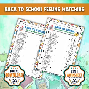 Könnte beinhalten: Zwei Arbeitsblätter mit den Titeln Back to School Match School Timing und Back to School Classroom Feeling Match. Die Seiten enthalten schwarz-weiße Strichzeichnungen von Kindern in Schulsituationen, Uhren und Gesichtern mit verschiedenen Emotionen.