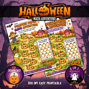 May include: Two identical Halloween math adventure worksheets featuring a pumpkin patch path with addition problems inside pumpkin illustrations, a scarecrow, a red barn, and a section to fill in answers, all set against a purple spooky background.