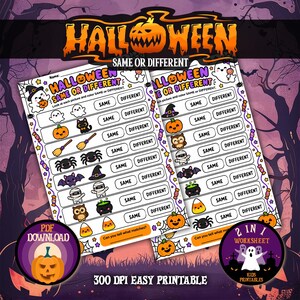Può includere: Due schede didattiche a tema Halloween con il titolo HALLOWEEN SAME OR DIFFERENT. Ogni pagina contiene file di illustrazioni colorate di fantasmi, zucche, pipistrelli, ragni e caramelle con le opzioni da cerchiare SAME o DIFFERENT.