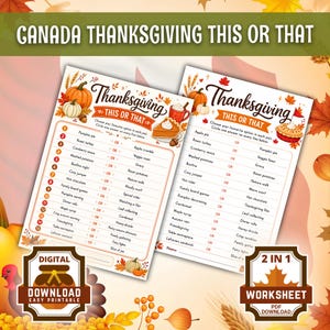 Thanksgiving This or That Printable, 30 Fall Choices Family Game, Canadian Dinner Table Conversation Activity, Kids Party PDF