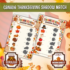 Könnte beinhalten: Zwei Canada Thanksgiving shadow match Arbeitsblätter mit bunten Herbstblatt-Rändern, Illustrationen von Eichhörnchen, Kürbissen, Truthähnen und Kuchen sowie Anweisungen, die Objekte mit ihren entsprechenden schwarzen Silhouetten zu verbinden.