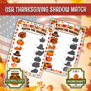 Könnte beinhalten: Zwei Thanksgiving-Arbeitsblätter zum Zuordnen von Schatten mit farbigen Illustrationen von Truthähnen, Kürbissen, Kuchen, Hüten und Füllhörnern. Die Seiten enthalten den Text 'THANKSGIVING MATCH THE SHADOW' und Anweisungen zum Verbinden der Bilder.