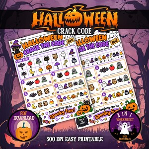 Può includere: Due schede didattiche a tema Halloween per decifrare codici con illustrazioni colorate di zucche, fantasmi, gufi, pipistrelli e ragni. Le pagine includono una chiave di decodifica, enigmi numerati e il testo "Halloween Crack The Code" e "Code breaking can be spooky fun!" con un'icona di download PDF.