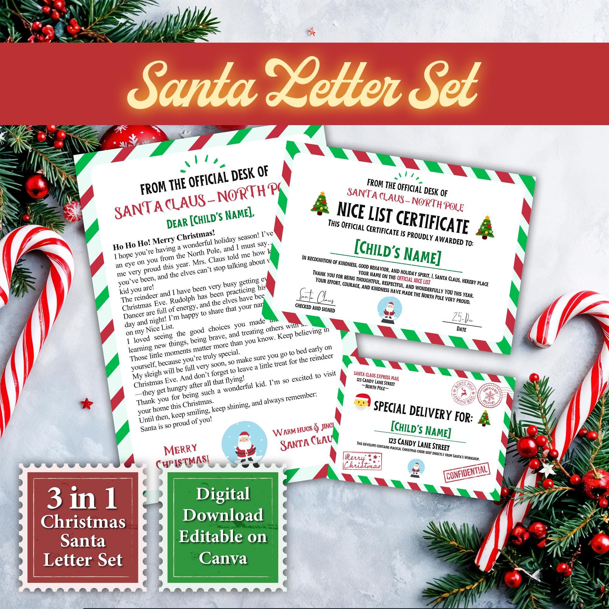 Editable Santa Letter Set, Nice List Certificate (digital Download) - Etsy