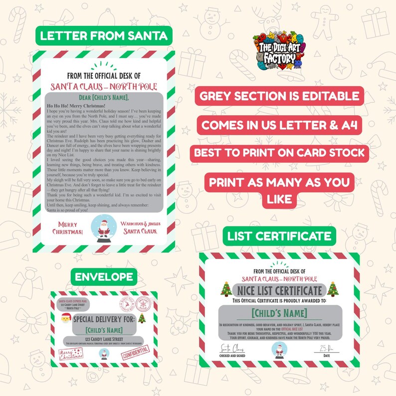 Editable Santa Letter Set, Nice List Certificate (digital Download) - Etsy