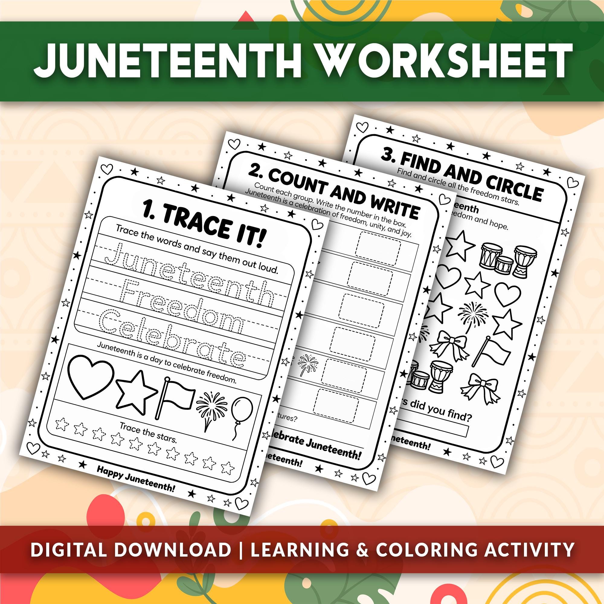 Juneteenth Worksheet Printable for Kids, 3in1 Learning Activity ...