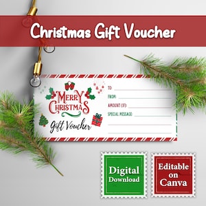 以下が含まれることがあります： 赤と白のストライプのボーダーが付いたクリスマスギフト券。「Merry Christmas Gift Voucher」の文字が赤と緑で表示され、受取人とメッセージの詳細を記入するスペースがあります。「デジタルダウンロード」と「Canvaで編集可能」のスタンプが含まれています。