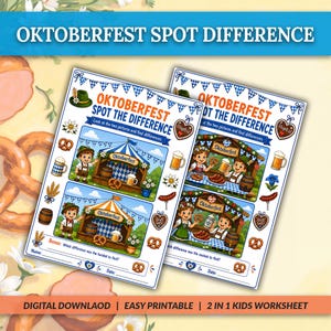 May include: Two printable Oktoberfest spot the difference activity sheets featuring cartoon illustrations of people in traditional clothing, beer steins, pretzels, and blue and white bunting. The worksheets include text headers and spaces for a name and date.