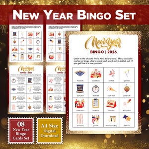 Peut inclure: Un ensemble de bingo du Nouvel An avec le texte "New Year Bingo Set" en haut. L'ensemble comprend des cartes de bingo avec des illustrations de feux d'artifice, de confettis et d'autres images sur le thème du Nouvel An. Le texte "A4 Size Digital Download" est également inclus.