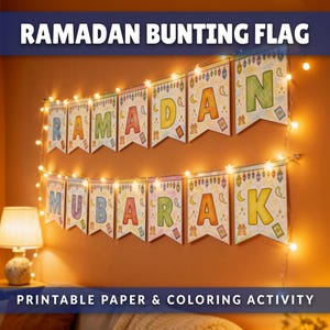 May include: A Ramadan bunting flag with the words "Ramadan Mubarak" in colorful letters. The banner is strung with fairy lights and is a printable paper and coloring activity.