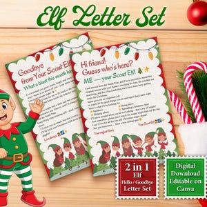 May include: A festive Elf Letter Set with two decorative letters, featuring holiday greetings and a cartoon elf illustration. The set includes a candy cane, Christmas tree, and a red ornament. The text reads "2 in 1 Elf Hello/Goodbye Letter Set."