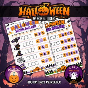 Może przedstawiać: Dwa arkusze ćwiczeń do budowania słów na Halloween z kolorowymi ilustracjami nietoperza, kota, kapelusza czarownicy, pajęczyny i sowy. Każdy wiersz zawiera puste pola do wpisywania słów za pomocą kafelków z literami. Tekst: Halloween Word Builder.