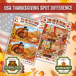 May include: A digital Thanksgiving spot the difference worksheet set featuring two activity pages. One page shows a turkey in a field with pumpkins, and the other shows a squirrel and rabbit at a dinner table. Text includes USA THANKSGIVING SPOT DIFFERENCE.