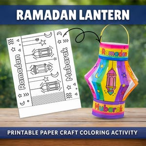 Puede incluir: Una colorida linterna de Ramadán hecha a mano con un asa dorada, con las palabras "Ramadán Mubarak". Junto a ella, una manualidad de papel imprimible con contornos de linterna y las palabras "Ramadán" y "Mubarak" para colorear. El texto "Actividad de colorear manualidades de papel imprimible" está en la parte inferior.