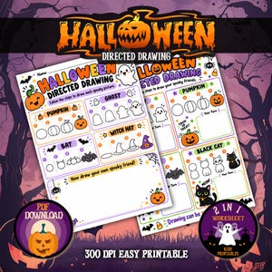 May include: Two Halloween directed drawing worksheets featuring step-by-step instructions to illustrate a pumpkin, ghost, bat, witch hat, and black cat. The pages include text, colorful graphics, and a blank space for drawing, labeled as a 300 DPI easy printable.