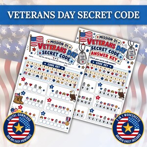 Può includere: Due fogli di lavoro stampabili con codici segreti per il Veterans Day, completi di chiave di decodifica con simboli, sezione missione e soluzioni. Le pagine presentano illustrazioni di bandiere americane, piastrine militari, stivali e un'aquila.