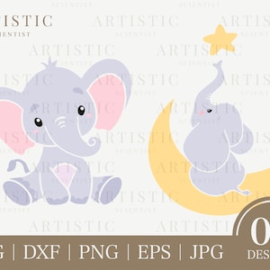 Baby Elephant Svg, Cute Elephant Sitting On The Moon Looking At The Star Svg, Baby Animal Cute Animal Baby Boy Girl Onesie Svg Png Cut File