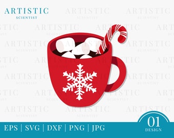 Hot Chocolate Svg, Hot Cocoa Svg, Winter Christmas Coca With Marshmallow and Candy Cane Svg, Hot Cocoa Red XMas Snowflake Coffee Cup Mug Png