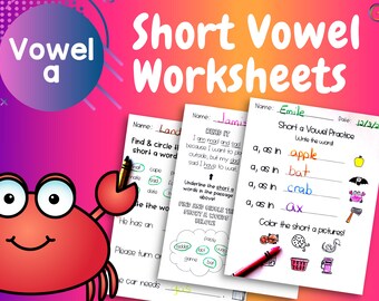 May include: A worksheet for practicing short vowel sounds with the letter 'a'. The worksheet includes a section for writing words with the short 'a' sound, a section for circling words with the short 'a' sound, and a section for coloring pictures of objects with the short 'a' sound. The worksheet is titled "Short a Vowel Practice".