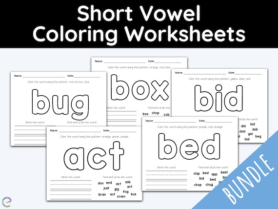 short vowels coloring worksheets mega bundle kindergarten etsy