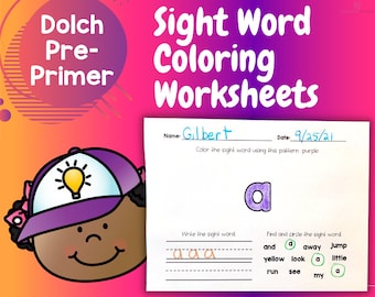 40 PAGES | Dolch Pre Primer | Coloring Worksheets | Dolch Sight Words | Children Worksheets | Teaching Resources | Education Printables