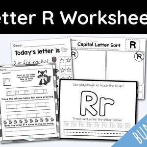 Pode incluir: Um pacote de folhas de trabalho imprimíveis para aprender a letra R. As folhas de trabalho apresentam um guaxinim, linhas para traçar e uma atividade de classificação de letras maiúsculas. O texto "Today's letter is Rr" e "Use playdough to trace the letter!" está incluído.