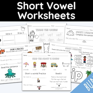 Worksheet Bundle, Short Vowels, Vowel Sounds, Kids Worksheets, Printable Bundle, 1st Grade Worksheets, Preschool Learning, Phonics