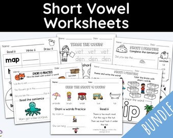 May include: A set of printable worksheets for teaching short vowel sounds. The worksheets feature various activities, including tracing words, reading sentences, and coloring pictures. The worksheets are designed for young learners and are a fun and engaging way to learn about short vowels.