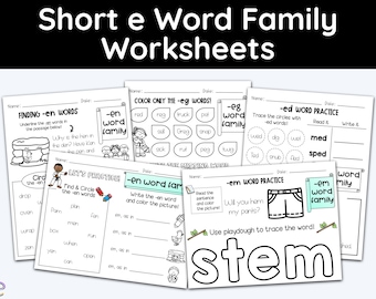 Word Families, Short Vowel, Short e, Printable Bundle, Childrens Worksheets, Education Printables, 1st Grade Worksheets, Kindergarten