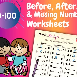 May include: A printable worksheet for kids to practice counting numbers 0-10. The worksheet has three columns labeled "Before", "In Between", and "After".  The worksheet has a ladybug illustration and the name "Roslyn" written at the top.