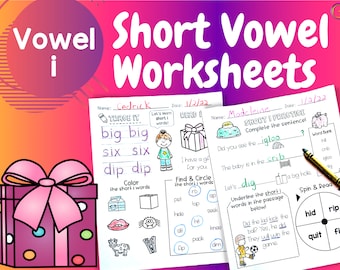 May include: Two printable worksheets for teaching short 'i' vowel sounds. The first worksheet has a tracing activity, a word matching activity, and a coloring activity. The second worksheet has a sentence completion activity, a word bank, an underline activity, and a spin and read activity.