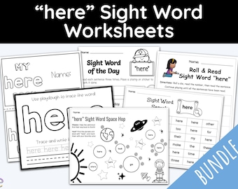Kids Worksheets, Sight Words, Sight Word here, First Grade, Second Grade, Printable Bundle, Education Worksheets, Reading Printable