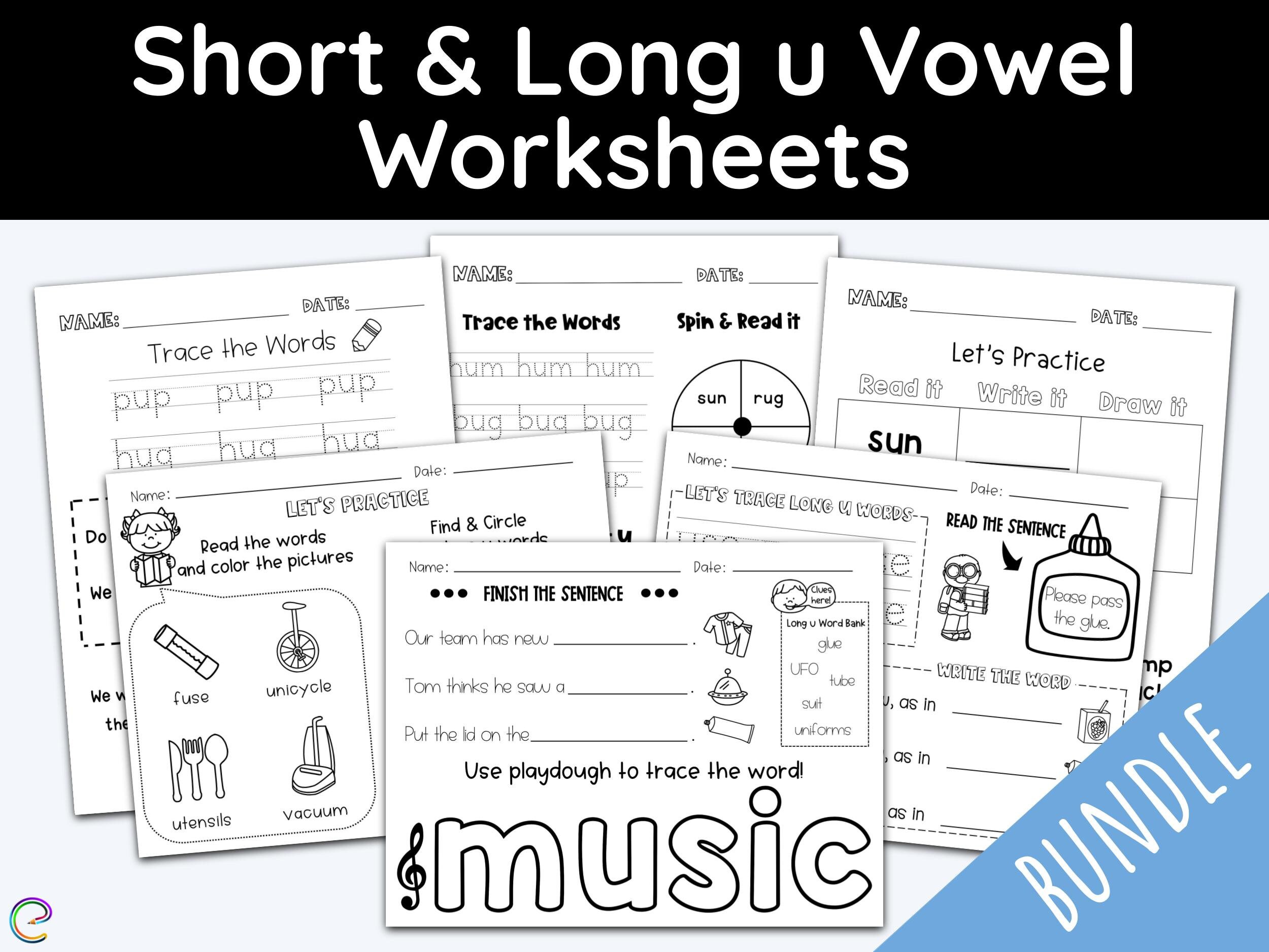 worksheet bundle vowel sounds long u short u printable etsy australia