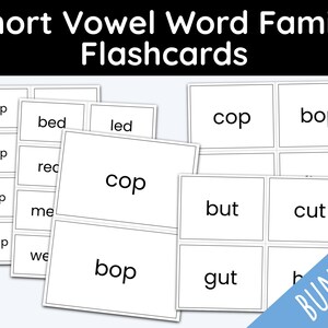 Word Families, Short Vowels, Flashcards Printable, Second Grade, First Grade, Printable Bundle, Learning Materials, Vowel Sounds, Phonics